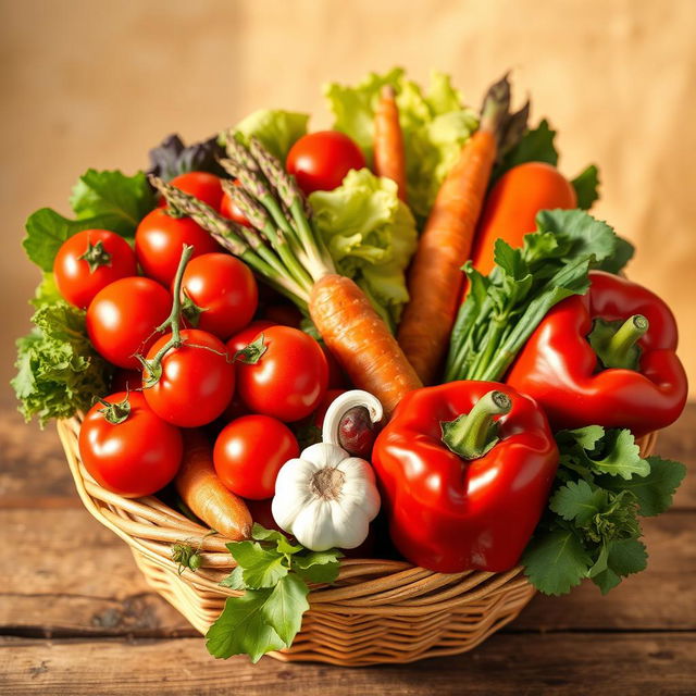 A vibrant still life composition featuring an assortment of colorful vegetables, including cherry tomatoes, crispy lettuce leaves, a bundle of fresh asparagus, carrots with their green tops, a bulb of garlic, and a red bell pepper, all arranged artfully in a woven basket or on a rustic wooden table