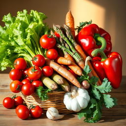 A vibrant still life composition featuring an assortment of colorful vegetables, including cherry tomatoes, crispy lettuce leaves, a bundle of fresh asparagus, carrots with their green tops, a bulb of garlic, and a red bell pepper, all arranged artfully in a woven basket or on a rustic wooden table