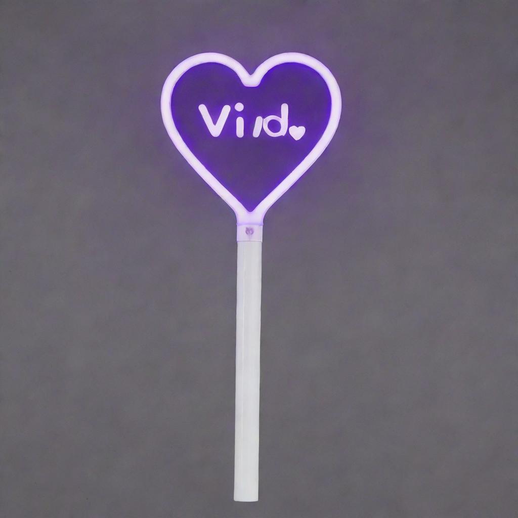 A sleek white Kpop light stick with a long handle. The word 'vivid' is etched onto the handle in bold pastel purple letters. At the top, the stick culminates in a large transparent heart, inside of which is an LED light designed in the shape of a 'V'.