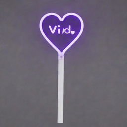 A sleek white Kpop light stick with a long handle. The word 'vivid' is etched onto the handle in bold pastel purple letters. At the top, the stick culminates in a large transparent heart, inside of which is an LED light designed in the shape of a 'V'.