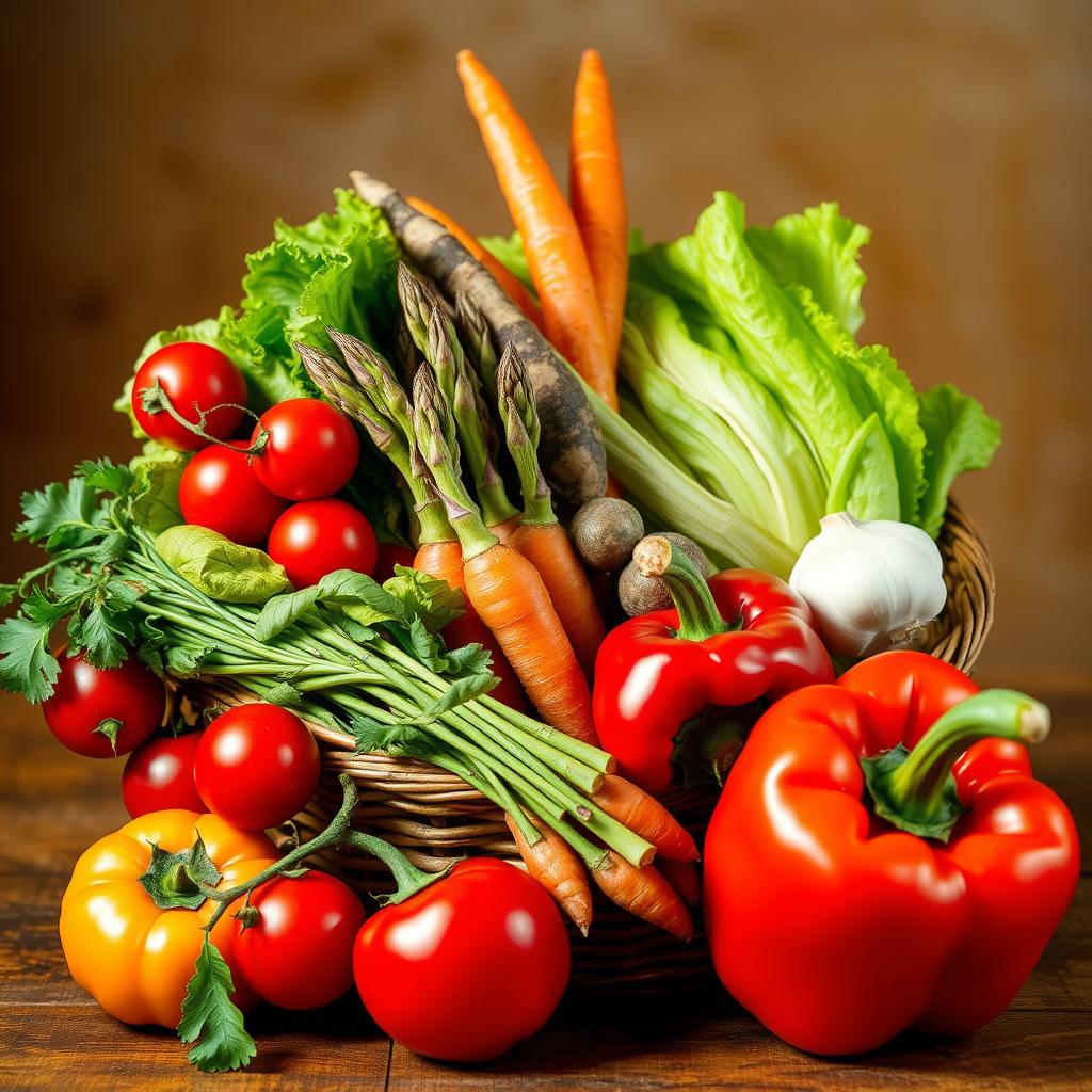 A vibrant still life composition featuring an assortment of colorful vegetables, including cherry tomatoes, crispy lettuce leaves, a bundle of fresh asparagus, carrots with their green tops, a bulb of garlic, and a red bell pepper, all arranged artfully in a woven basket or on a rustic wooden table