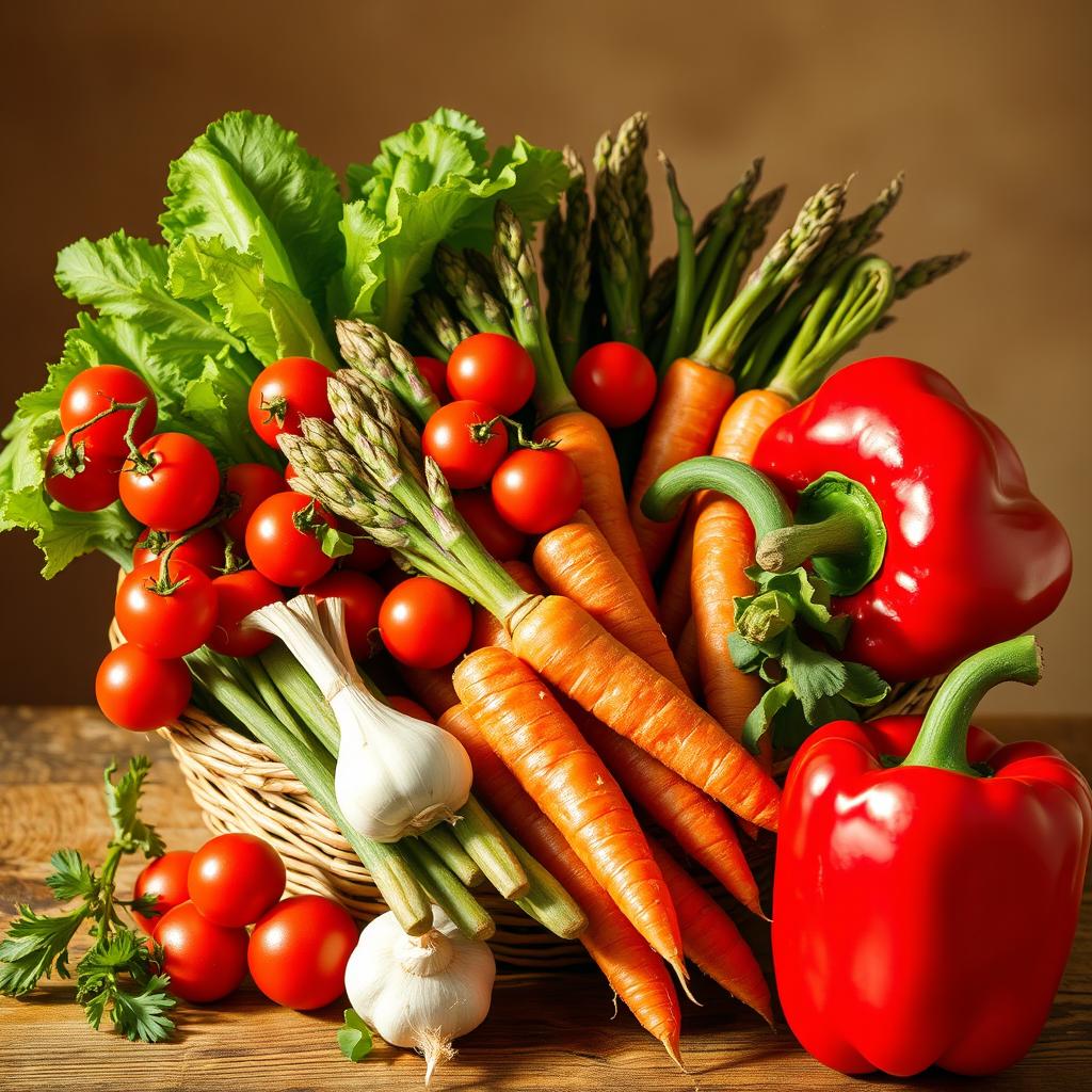 A vibrant still life composition featuring an assortment of colorful vegetables, including cherry tomatoes, crispy lettuce leaves, a bundle of fresh asparagus, carrots with their green tops, a bulb of garlic, and a red bell pepper, all arranged artfully in a woven basket or on a rustic wooden table