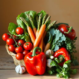 A vibrant still life composition featuring an assortment of colorful vegetables, including cherry tomatoes, crispy lettuce leaves, a bundle of fresh asparagus, carrots with their green tops, a bulb of garlic, and a red bell pepper, all arranged artfully in a woven basket or on a rustic wooden table