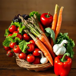 A vibrant still life composition featuring an assortment of colorful vegetables, including cherry tomatoes, crispy lettuce leaves, a bundle of fresh asparagus, carrots with their green tops, a bulb of garlic, and a red bell pepper, all arranged artfully in a woven basket or on a rustic wooden table