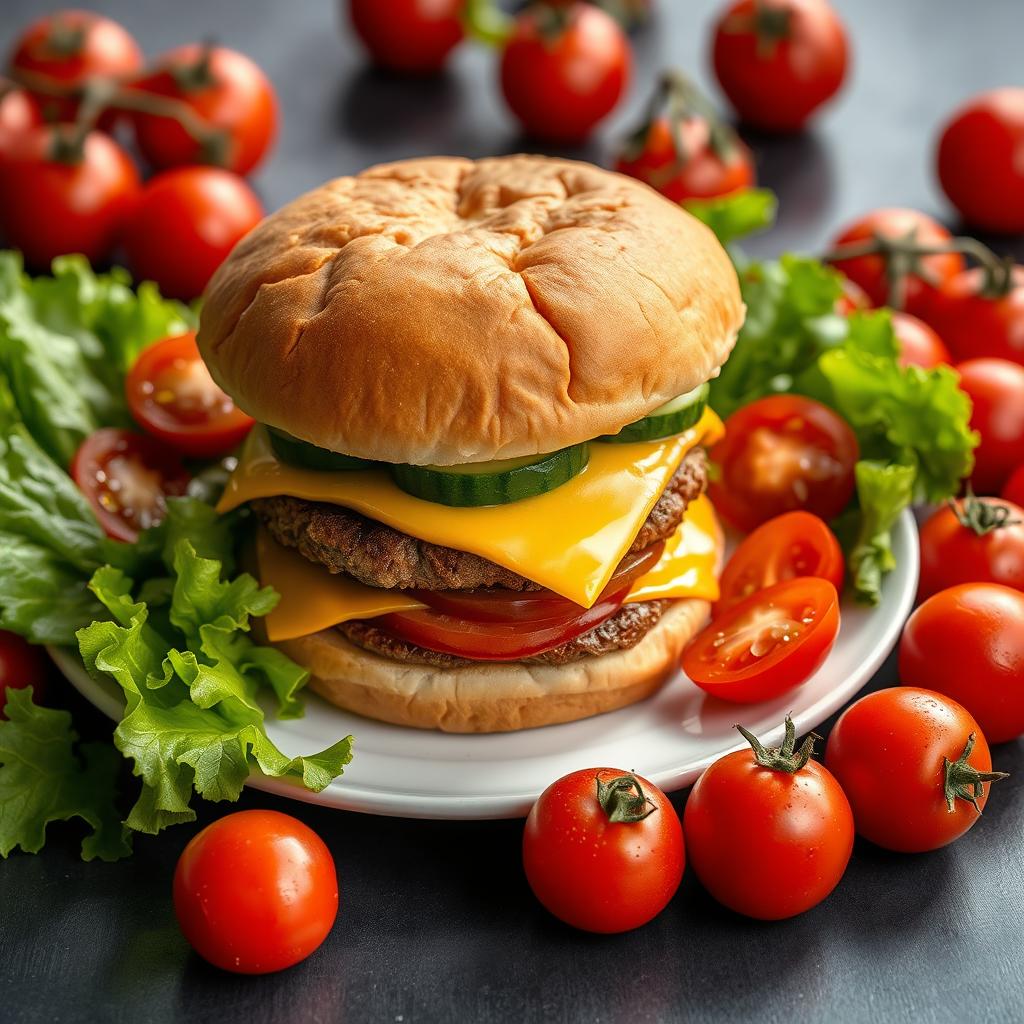 A highly detailed image of a large double burger with cheese, cucumber, and tomato