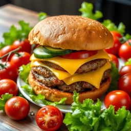 A highly detailed image of a large double burger with cheese, cucumber, and tomato