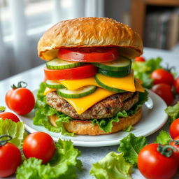 A highly detailed image of a large double burger with cheese, cucumber, and tomato