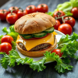 A highly detailed image of a large double burger with cheese, cucumber, and tomato