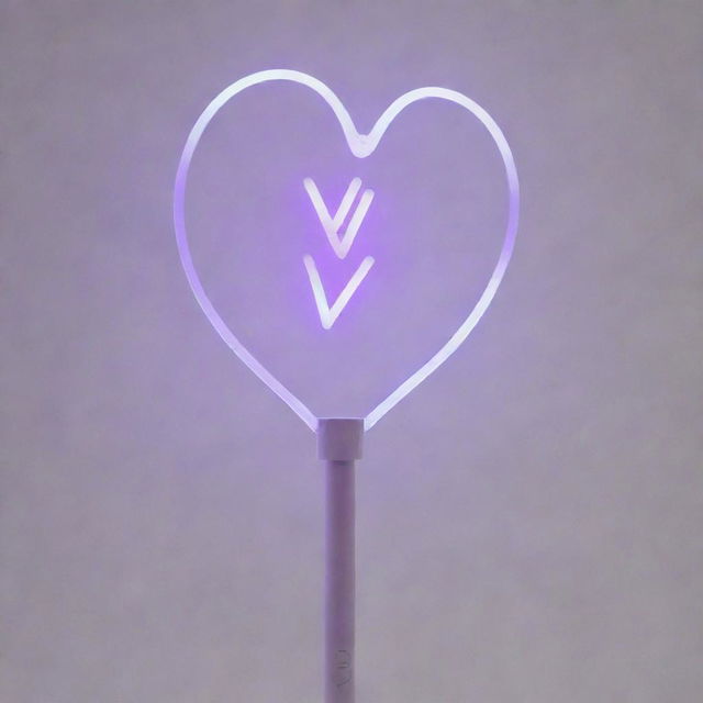 A sleek white Kpop light stick with a long handle. The word 'vivid' is etched onto the handle in bold pastel purple letters. At the top, the stick culminates in a large transparent heart, inside of which is an LED light designed in the shape of a 'V'.