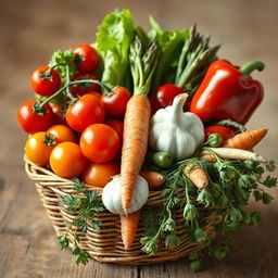 A vibrant still life composition featuring an assortment of colorful vegetables, including cherry tomatoes, crispy lettuce leaves, a bundle of fresh asparagus, carrots with their green tops, a bulb of garlic, and a red bell pepper, all arranged artfully in a woven basket or on a rustic wooden table