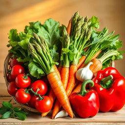 A vibrant still life composition featuring an assortment of colorful vegetables, including cherry tomatoes, crispy lettuce leaves, a bundle of fresh asparagus, carrots with their green tops, a bulb of garlic, and a red bell pepper, all arranged artfully in a woven basket or on a rustic wooden table