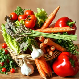 A vibrant still life composition featuring an assortment of colorful vegetables, including cherry tomatoes, crispy lettuce leaves, a bundle of fresh asparagus, carrots with their green tops, a bulb of garlic, and a red bell pepper, all arranged artfully in a woven basket or on a rustic wooden table