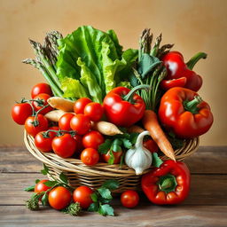 A vibrant still life composition featuring an assortment of colorful vegetables, including cherry tomatoes, crispy lettuce leaves, a bundle of fresh asparagus, carrots with their green tops, a bulb of garlic, and a red bell pepper, all arranged artfully in a woven basket or on a rustic wooden table