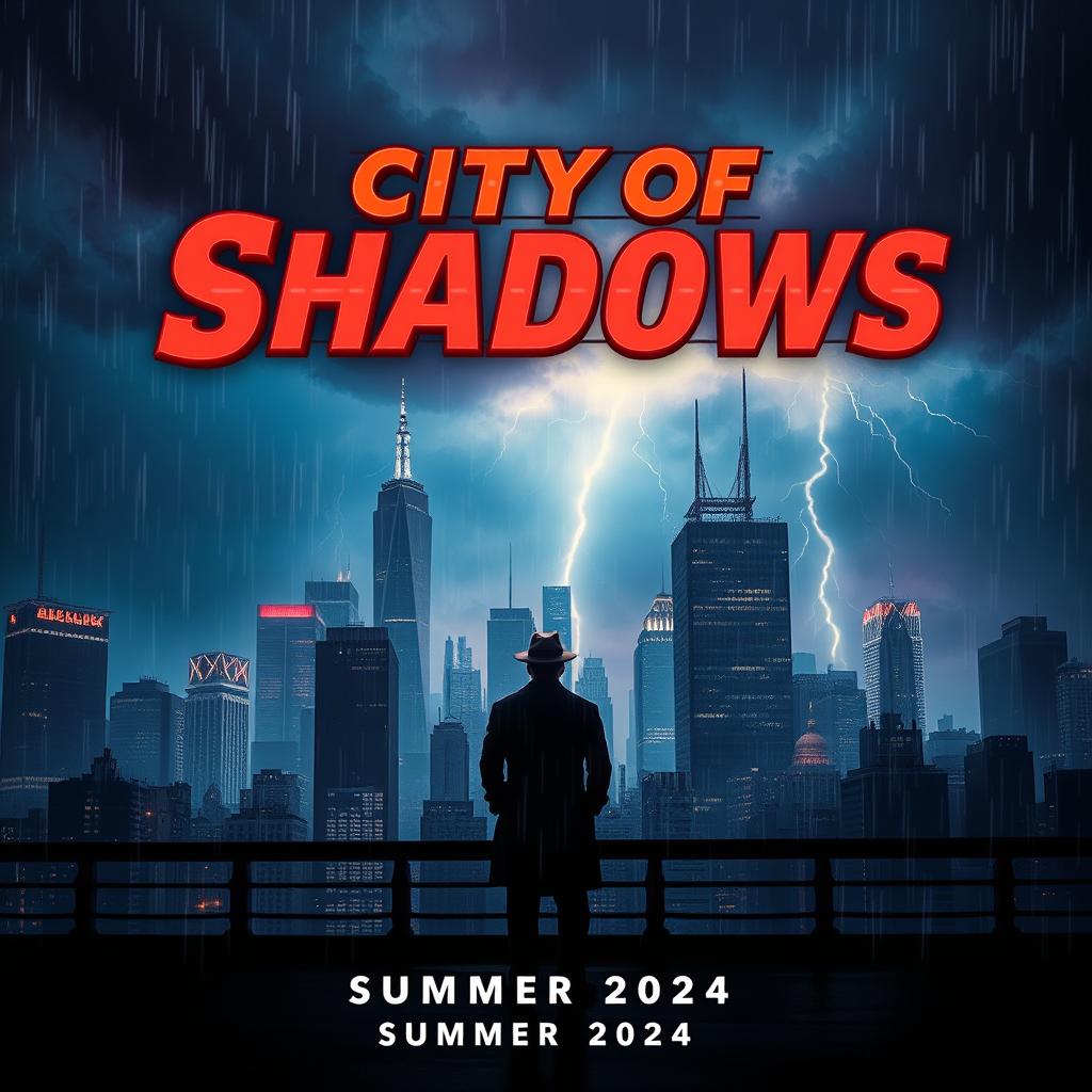 A captivating fake movie poster featuring a mysterious cityscape with towering skyscrapers and neon lights