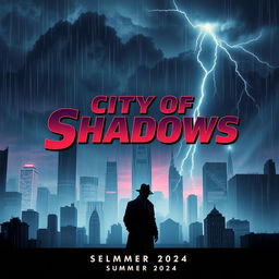 A captivating fake movie poster featuring a mysterious cityscape with towering skyscrapers and neon lights