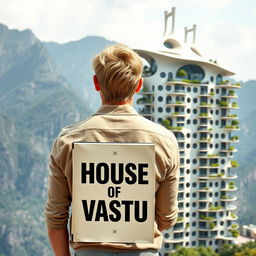 A young European architect with blond hair stands with his back to the viewer, holding a book with the large text 'House of Vastu' on its cover