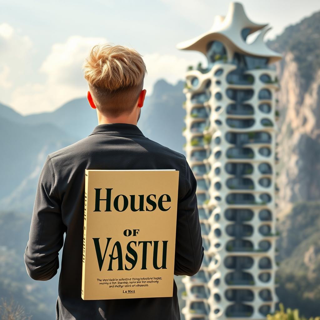 A young European architect with blond hair stands with his back to the viewer, holding a book with the large text 'House of Vastu' on its cover