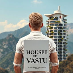 A young European architect with blond hair stands with his back to the viewer, holding a book with the large text 'House of Vastu' on its cover