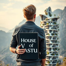 A young European architect with blond hair stands with his back to the viewer, holding a book with the large text 'House of Vastu' on its cover