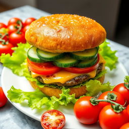 A highly detailed image of a large double burger with cheese, cucumber, and tomato