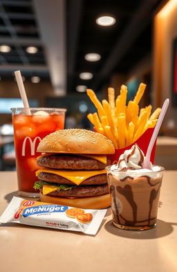 A variety of McDonald's fast food items arranged aesthetically, featuring a Big Mac with a sesame seed bun, crispy golden fries, a refreshing drink with ice cubes, a Chicken McNugget dipping sauce pack, and an indulgent chocolate McFlurry with a spoon