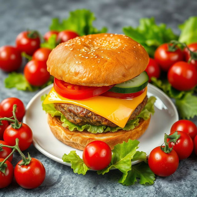 A highly detailed image of a large double burger with cheese, cucumber, and tomato