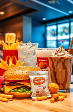 A variety of McDonald's fast food items arranged aesthetically, featuring a Big Mac with a sesame seed bun, crispy golden fries, a refreshing drink with ice cubes, a Chicken McNugget dipping sauce pack, and an indulgent chocolate McFlurry with a spoon