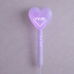 A sleek white Kpop light stick with a long handle. The word 'vivid' is etched onto the handle in bold pastel purple letters. At the top, the stick culminates in a large transparent heart, inside of which is an LED light designed in the shape of a 'V'.