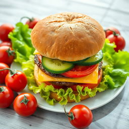 A highly detailed image of a large double burger with cheese, cucumber, and tomato