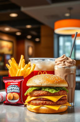 A variety of McDonald's fast food items arranged aesthetically, featuring a Big Mac with a sesame seed bun, crispy golden fries, a refreshing drink with ice cubes, a Chicken McNugget dipping sauce pack, and an indulgent chocolate McFlurry with a spoon