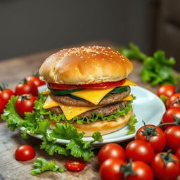 A highly detailed image of a large double burger with cheese, cucumber, and tomato