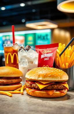 A variety of McDonald's fast food items arranged aesthetically, featuring a Big Mac with a sesame seed bun, crispy golden fries, a refreshing drink with ice cubes, a Chicken McNugget dipping sauce pack, and an indulgent chocolate McFlurry with a spoon