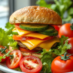 A highly detailed large double burger with melted cheese, fresh cucumber slices, and juicy tomato layers, all sandwiched between a bun with a perfectly fried crust