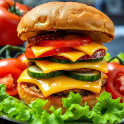 A highly detailed large double burger with melted cheese, fresh cucumber slices, and juicy tomato layers, all sandwiched between a bun with a perfectly fried crust