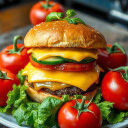 A highly detailed large double burger with melted cheese, fresh cucumber slices, and juicy tomato layers, all sandwiched between a bun with a perfectly fried crust