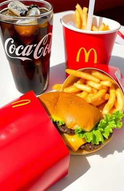 A classic McDonald's fast food meal featuring a juicy Big Mac with fresh lettuce and cheese, golden crispy French fries, and a cold Coca-Cola with ice in a branded paper cup