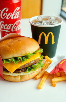 A classic McDonald's fast food meal featuring a juicy Big Mac with fresh lettuce and cheese, golden crispy French fries, and a cold Coca-Cola with ice in a branded paper cup