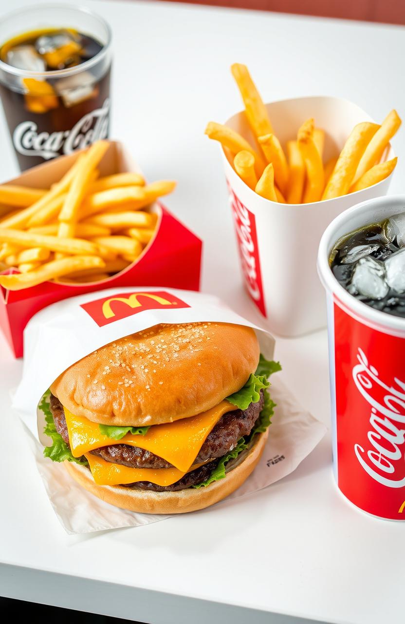 A classic McDonald's fast food meal featuring a juicy Big Mac with fresh lettuce and cheese, golden crispy French fries, and a cold Coca-Cola with ice in a branded paper cup