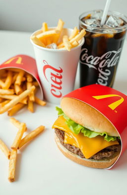 A classic McDonald's fast food meal featuring a juicy Big Mac with fresh lettuce and cheese, golden crispy French fries, and a cold Coca-Cola with ice in a branded paper cup