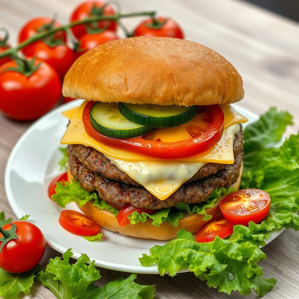 A highly detailed image of a large double burger with cheese, cucumber, and tomato