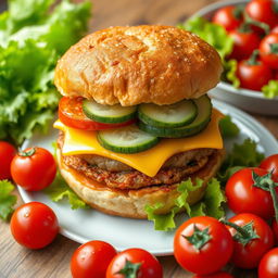 A highly detailed image of a large double burger with cheese, cucumber, and tomato