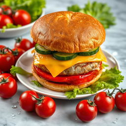 A highly detailed image of a large double burger with cheese, cucumber, and tomato