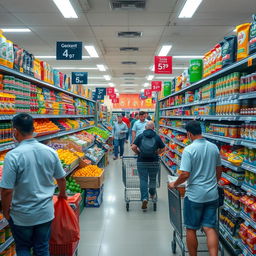 A bustling supermarket scene with aisles filled with a diverse selection of colorful fresh produce, neatly stacked canned goods, and a variety of packaged snacks and beverages