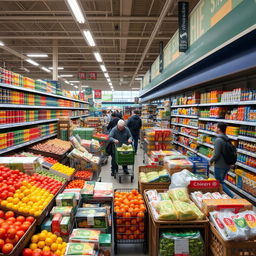 A bustling supermarket scene with aisles filled with a diverse selection of colorful fresh produce, neatly stacked canned goods, and a variety of packaged snacks and beverages