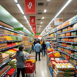 A bustling supermarket scene with aisles filled with a diverse selection of colorful fresh produce, neatly stacked canned goods, and a variety of packaged snacks and beverages