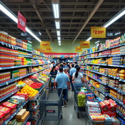 A bustling supermarket scene with aisles filled with a diverse selection of colorful fresh produce, neatly stacked canned goods, and a variety of packaged snacks and beverages