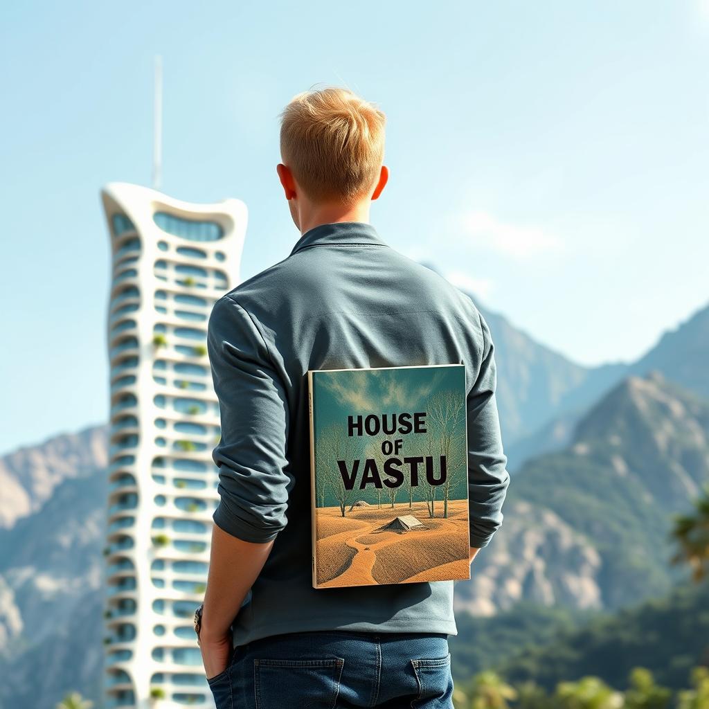 A young European architect with blond hair stands with his back turned to the viewer, holding a book prominently titled 'House of Vastu'