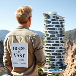 A young European architect with blond hair stands with his back turned to the viewer, holding a book prominently titled 'House of Vastu'