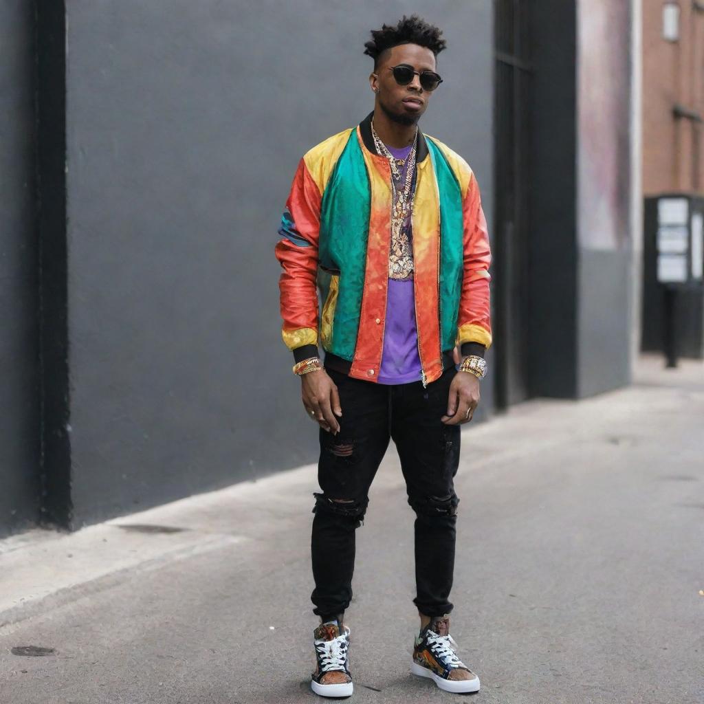 A vibrant and edgy outfit for a black male urban artist