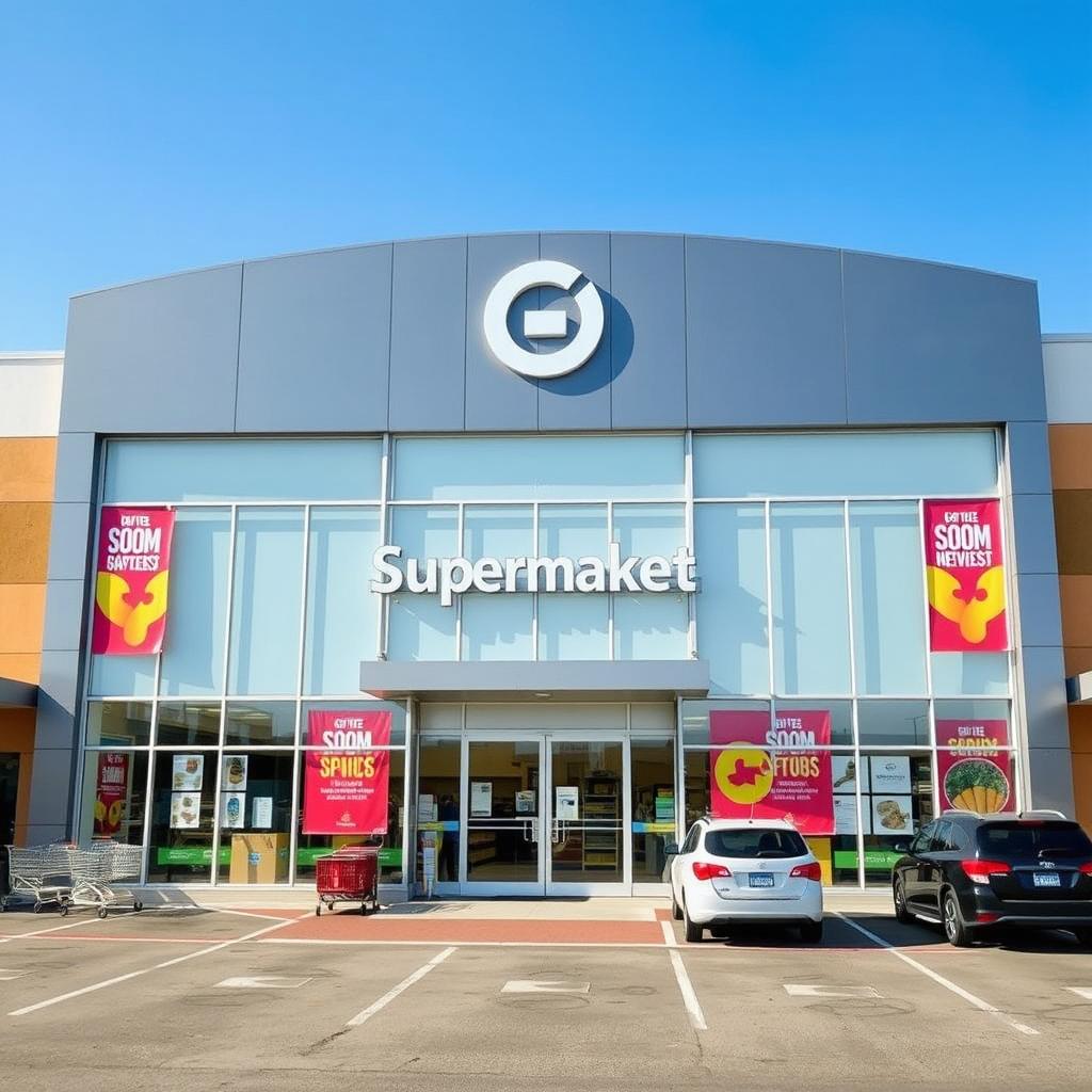 A modern supermarket building exterior showcasing a sleek architectural design with large glass windows and automatic sliding doors